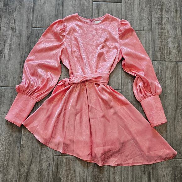 Vita Grace Pink Puff Sleeve Belted Mini Dress Women’s M Asymmetrical Hem Chic - Picture 2 of 14